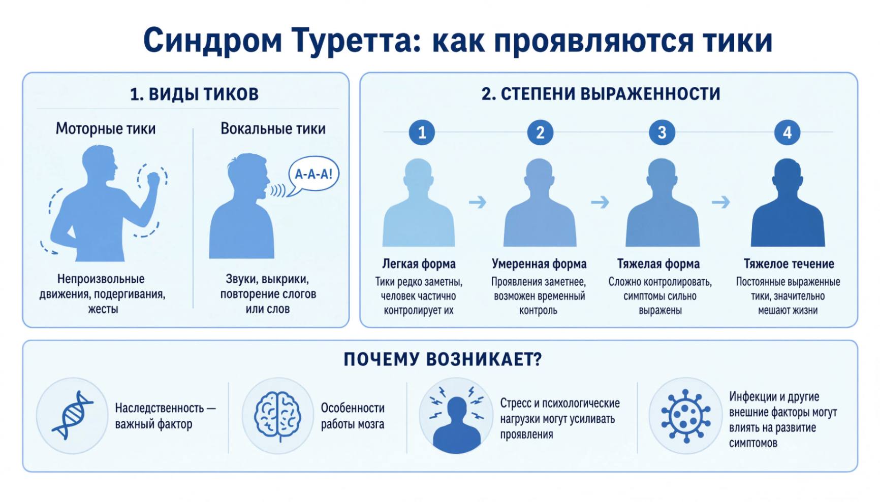 Инфографика о видах тиков при синдроме Туретта и стадиях проявления заболевания