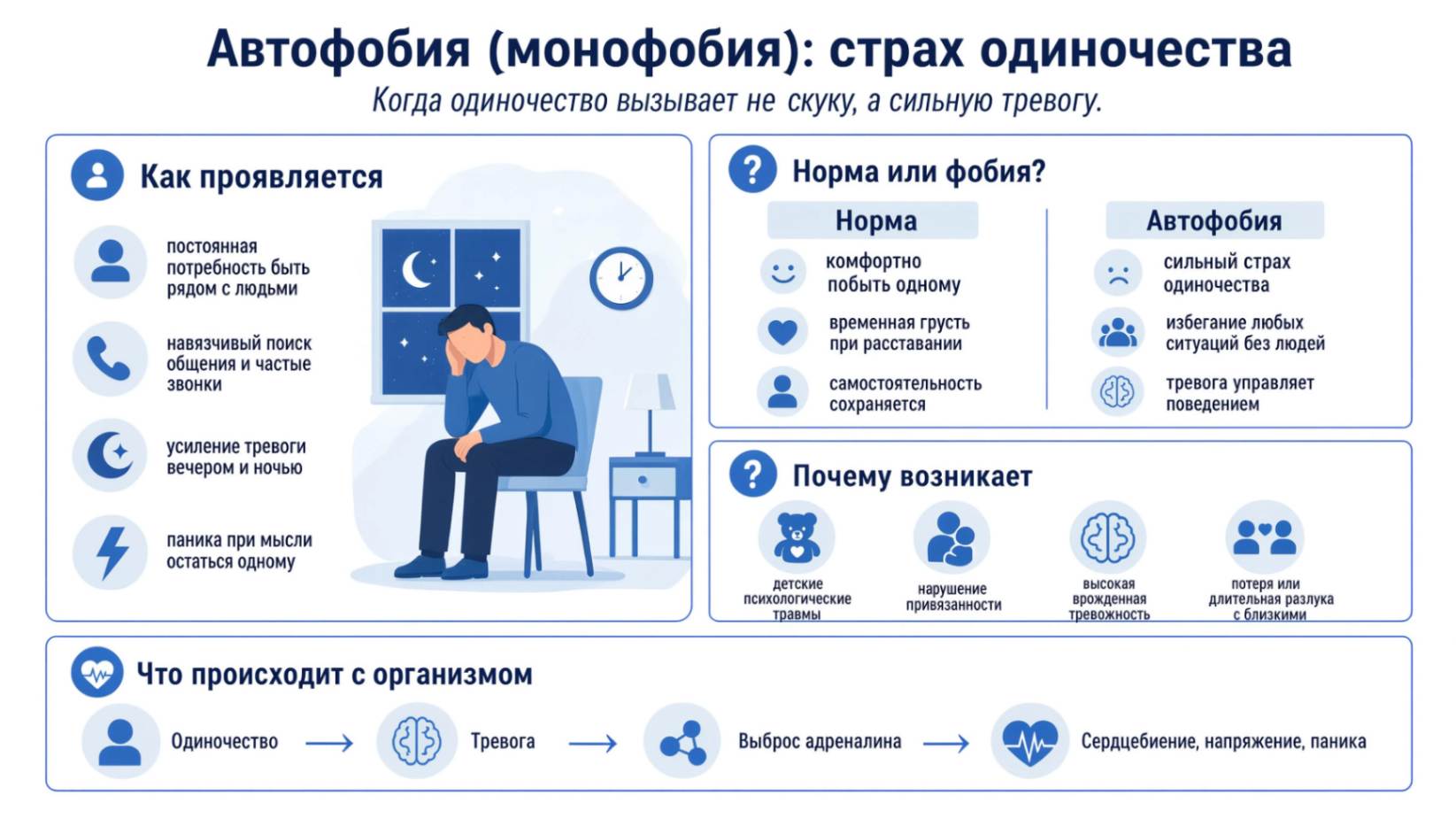 Инфографика с основными симптомами аутофобии: тревога при одиночестве, панические реакции, навязчивый поиск общения и причины развития расстройства